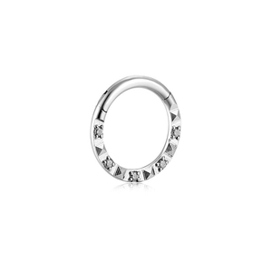Polished titanium steel nose ring clicker with geometric carving and five inset zircons