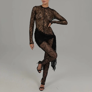 Sexy Lace See-Through Jumpsuit Women Long Sleeve Mesh Hollow Out Slim Fit Back Zipper Waist Tie Transparent Elegant