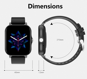 Detailed dimension guide for black 1.83 inch smart watch with strap length and dial size