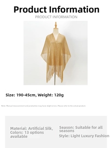Detailed view of lightweight golden metallic fringe shawl, 190x45cm luxury rayon wrap