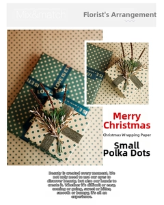 Polka dot Christmas wrapping paper with decorative ribbons and festive pine accents