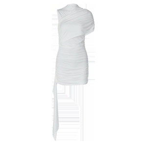 Detail of white one-shoulder dress with ruched texture and elegant long flowing ribbon