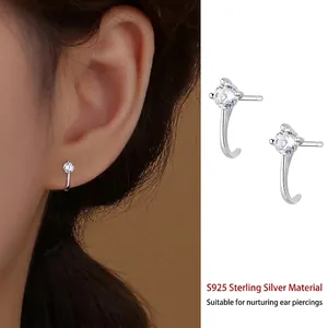 925 Sterling Silver Curved Arc Zirconia Stud Earrings For Women Minimalist Fashion Geometric J-Hook Jewelry Accessories