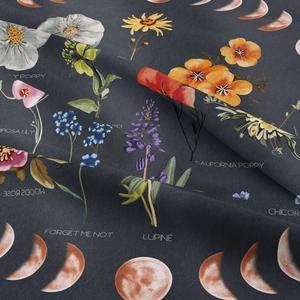 Detail view of moon phases and wildflower botanical prints on charcoal gray wall tapestry