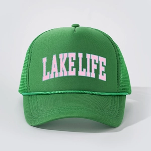 Grasgrüne Vintage LAKE LIFE Trucker Cap mit rosa Schrift und verstellbarem Mesh-Netz