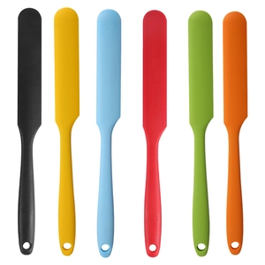 Set of six colorful silicone spatulas with hanging holes for baking and cake decorating
