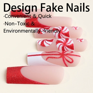 Christmas XXXL extra long press-on nails with red glitter, snowflakes and bow designs