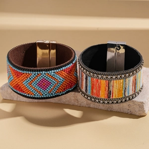 Bohemian wide beaded leather bracelet with resin patterns and magnetic clasp closure