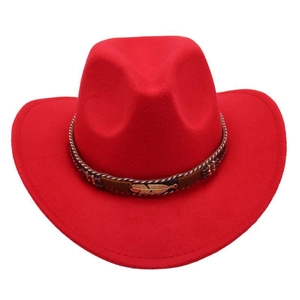Detail of red cowboy hat featuring brown braided band with golden feather buckle