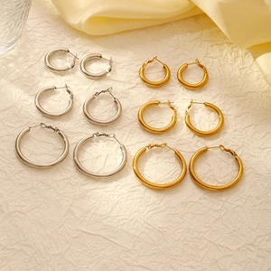 Solid Stainless Steel Hoop Earrings 18K Gold Plated Round Geometric Retro Style Fashion Accessory For Women
