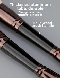 Detailed macro view of dual-ended makeup brush with thickened aluminum tube and wood handle