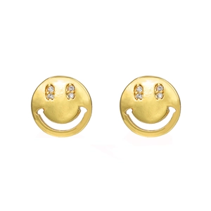 Minimalist gold-plated smiley face stud earrings with micro-set shimmering cubic zirconia