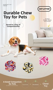 Three colorful braided cotton rope balls for dog chewing and teeth cleaning exercises