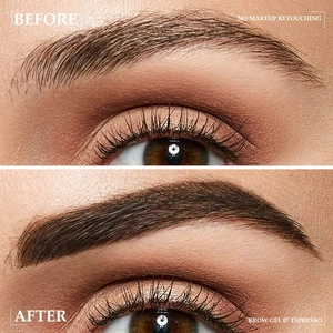 Macro shot showing Before and After effect of 07 Espresso tinted brow gel