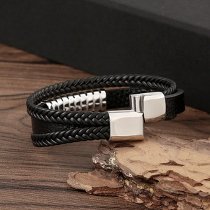Men's multilayer braided black leather bracelet with stainless steel magnetic clasp