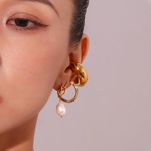 18K gold-plated knotted button earrings and ear cuffs set with natural freshwater pearls