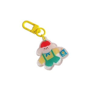 Cute white puppy acrylic keychain with yellow D-ring clip and colorful illustration