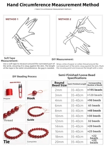 Size guide for natural crystal beads with wrist measurement and DIY beading process