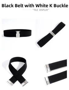 Detail view of black elastic wide waist belt with rectangular silver metal buckle