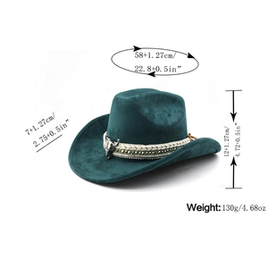 Detail of dark green suede cowboy hat with bull skull pendant and size measurements