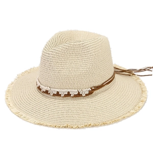 Beige straw fedora sun hat with frayed brim and bohemian woven band for beach vacation