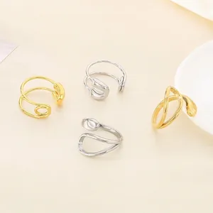 Minimalist Stainless Steel Open Ring Safety Pin Geometric Fluid Line Design Trendy Adjustable Jewelry For Women