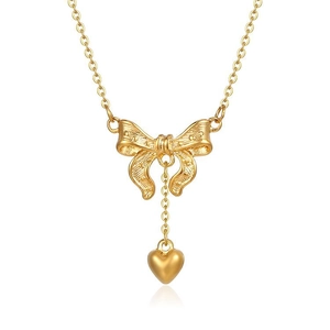 Bow Pendant Necklace Stainless Steel 18K Gold Plated Heart Charm Vintage Elegant Fashion Jewelry For Women