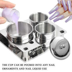 Detail of 3-piece stainless steel nail art cup set with tray for liquids and powders