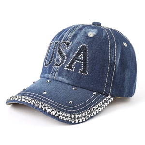 Navy washed denim baseball cap with rhinestone USA letters and studded brim decoration
