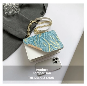 Detailed comparison of white crossbody bag with artistic blue gold textured flap and smartphone
