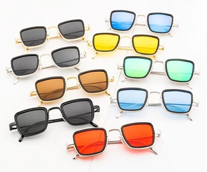 Multiple color options of vintage thick-rimmed square sunglasses with metallic frames
