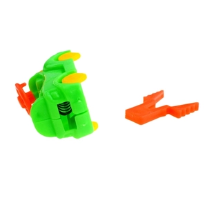 Detailed view of colorful catapult car toy components with green body and orange lever