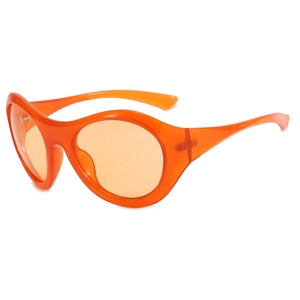 Futuristic Y2K oversized orange sunglasses with wraparound shield frame for sports