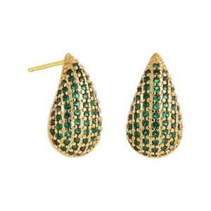 Detail of drop-shaped gold earrings with micro-pave green zircons and stud closure