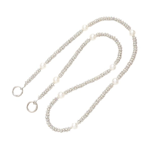 Crossbody phone chain with elegant white pearls and silver metal beads on white background