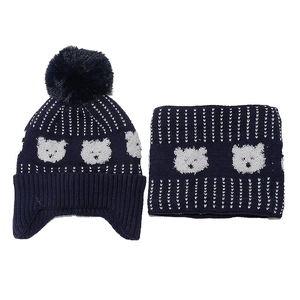 Winter knit hat and scarf set for boys with jacquard bear pattern and warm fleece lining