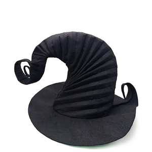 Detail view of the black felt witch hat featuring unique pleated texture and spiral tip