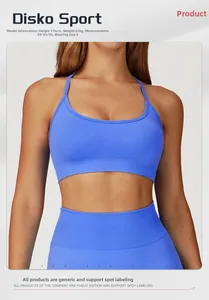 Detail of blue seamless yoga bra and leggings set with fine knit texture on model