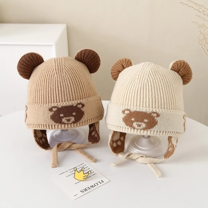 Kids Knitted Earflap Hat Winter Warm Windproof Woolen Cute Bear Jacquard Beanie With Ties For Boys Girls Outdoor