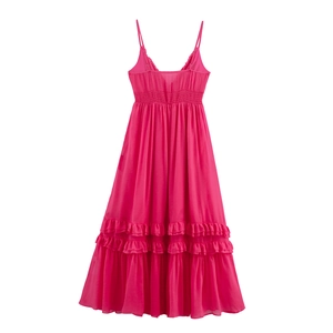 Robe d'été élégante en mousseline rose rouge avec volants étagés et fines bretelles