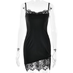 Sultry black lace-trimmed satin bodycon dress with spaghetti straps and uneven hemline