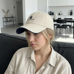 Retro cream cotton baseball cap with blue HB embroidery and flat peak for outdoor style
