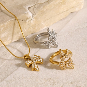 French vintage 18K gold stainless steel bow pendant necklace set with crystal rhinestones