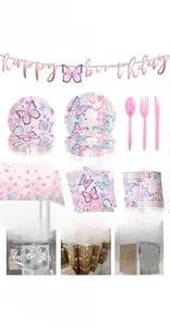 Kit de décoration de fête papillon rose avec assiettes tasses et serviettes jetables.