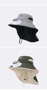 Macro detail of kids outdoor sun hat with wide brim, solar fan, and neck protection flap