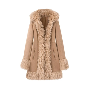 Women Winter Faux Fur Splicing Suede Coat Slim Fit Long Sleeve Lapel Warm Khaki Streetwear Casual Overcoat Jacket