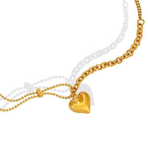 Titanium Steel 3D Heart Pendant Necklace 18K Gold Plated Mixed Bead Link Chain Luck Engraved Fashion Jewelry For Women