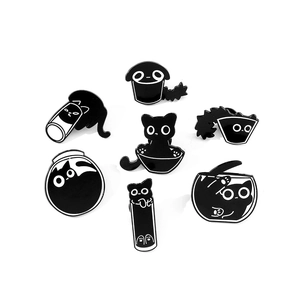 Set of 7 cartoon black cat enamel pins showing cute cats in various containers on white background