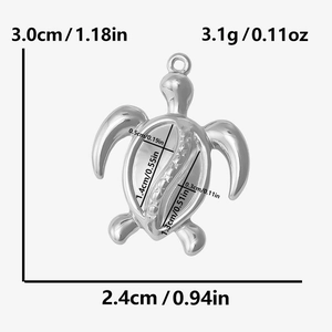 Detailed size chart showing dimensions and weight for a 304 stainless steel turtle pendant