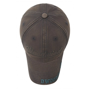 Distressed dark brown cotton baseball cap with embroidered lettering and vintage wash